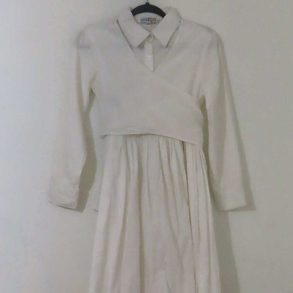 Like New Miri Couture Designer White Cotton Wrapover Shirt Dress